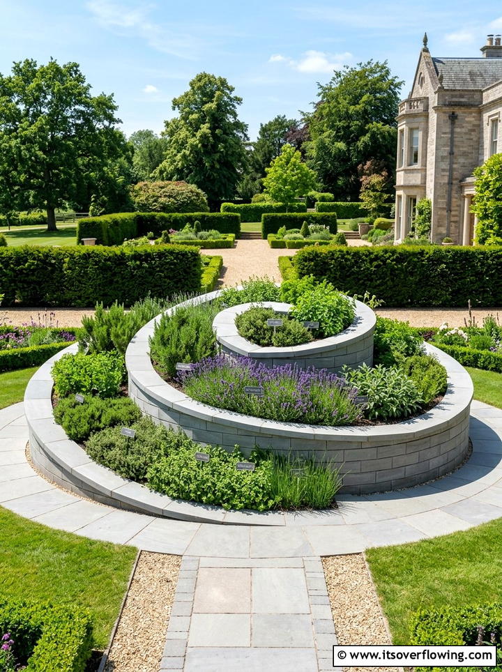 Formal herb spiral layout - 25 garden ideas with herb spirals