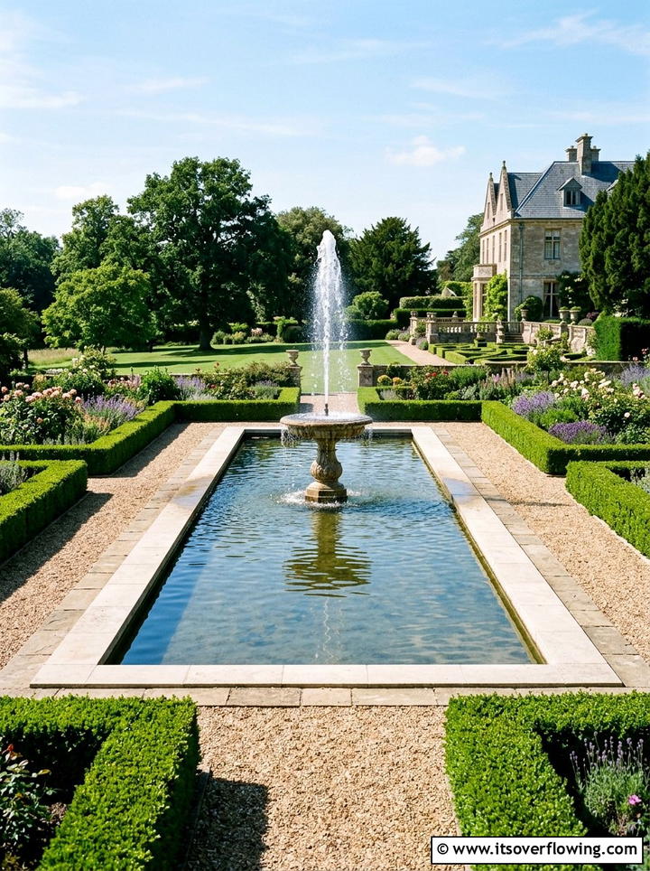 Formal pond with fountain - 25 garden ideas with water features