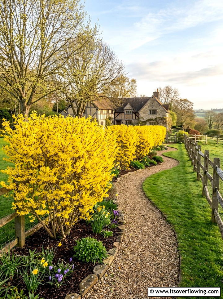 Forsythia Spring Border - 25 garden design ideas with low maintenance shrubs