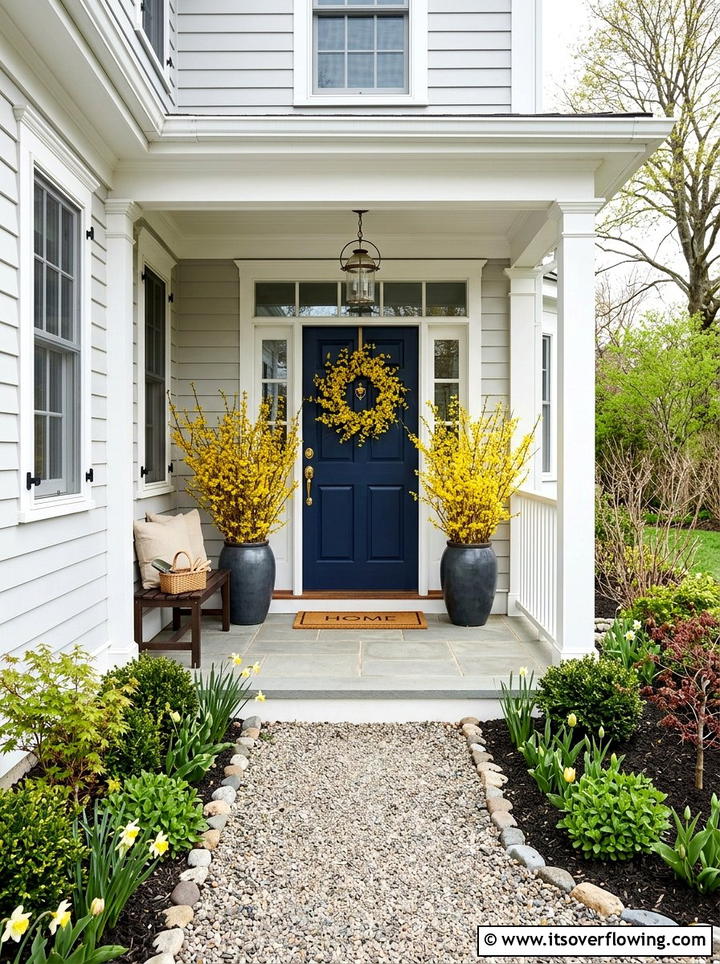 Forsythia bright spring porch - 25 front porch ideas with door garland