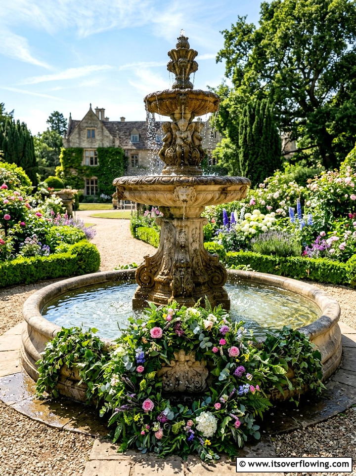 Fountain Base Wreath - 25 garden decor ideas with seasonal wreaths
