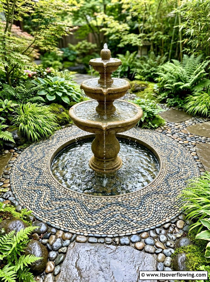 Fountain pebble border - 25 garden ideas with pebble mosaics