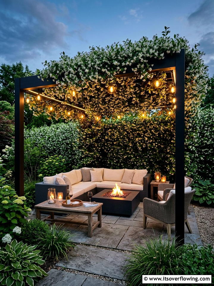Fragrant jasmine outdoor lounge - 25 creative garden ideas with pergola vines