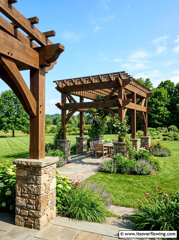 Freestanding pergola with stone pillars - 25 garden ideas with pergola