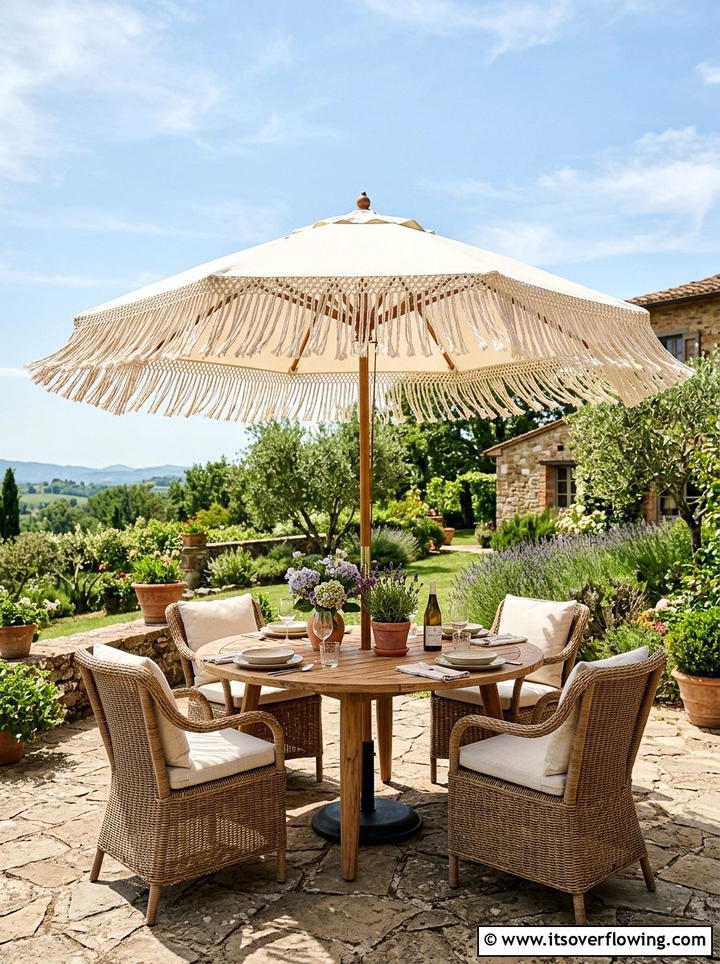 Fringe Patio Umbrella - 25 creative garden ideas with boho textures