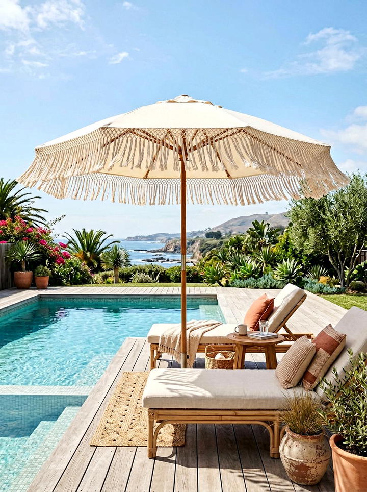 Fringe Patio Umbrella - 25 backyard decorating ideas with boho accents
