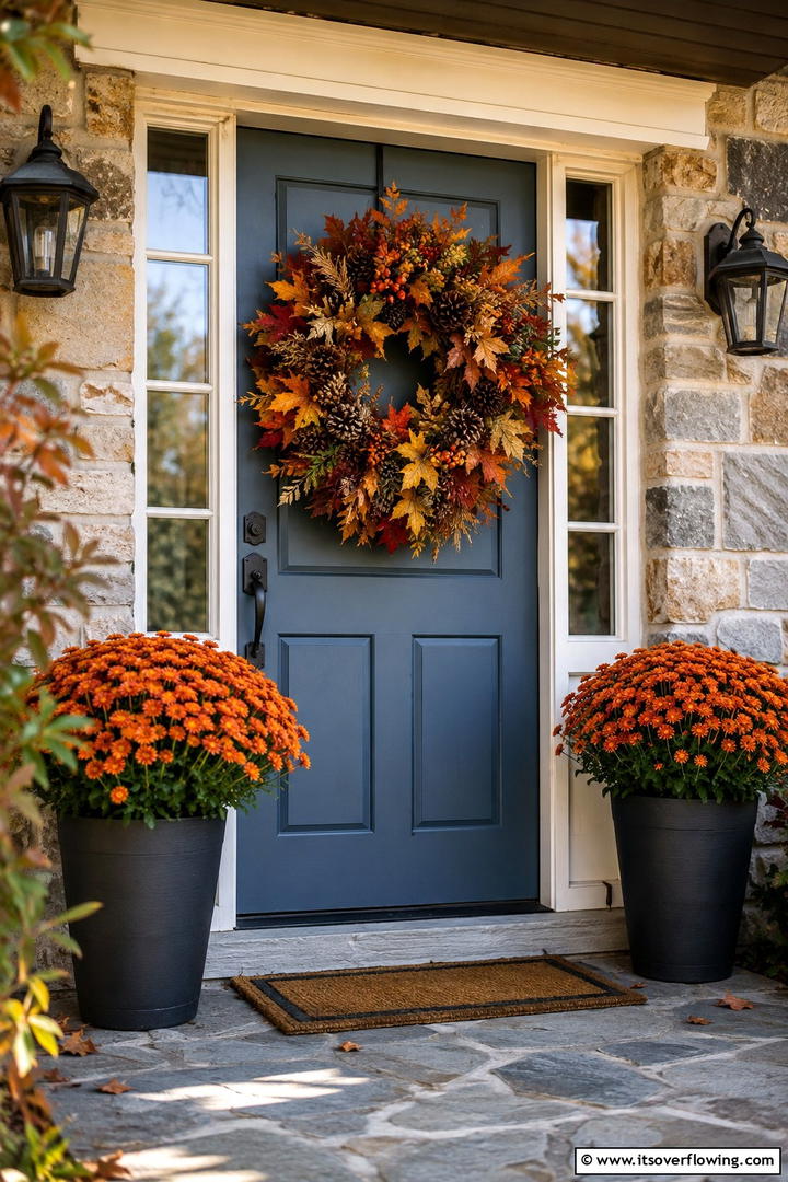 Front Door Abundant Wreath Display - 50 Fall Decor Ideas for A Cozy Seasonal Refresh at Home