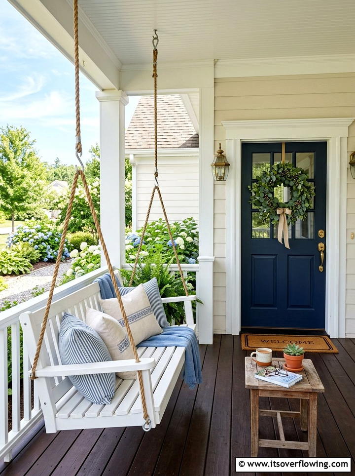 Front Porch Swing - 25 front porch decor ideas with eucalyptus wreath