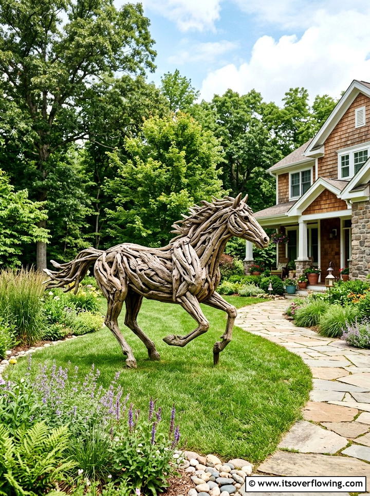 Front yard with driftwood horse - 25 garden ideas with driftwood sculptures