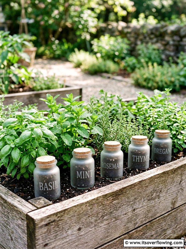 Frosted Glass Jar Herb Marker - 25 recycled garden ideas with recycled glass art