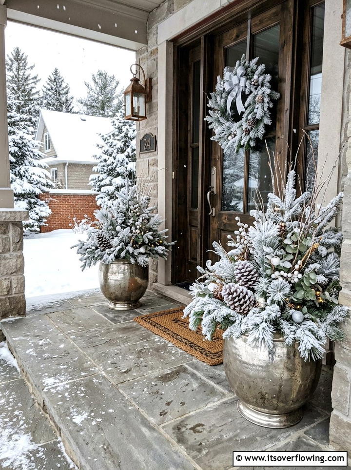 Frosted Greenery Arrangements - 25 front porch decor ideas for winter