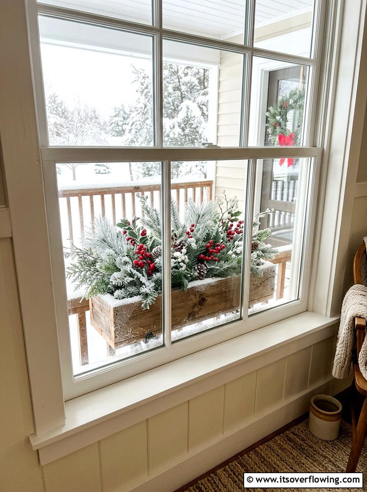 Frosted Winter Window Box - 25 front porch ideas with christmas decor