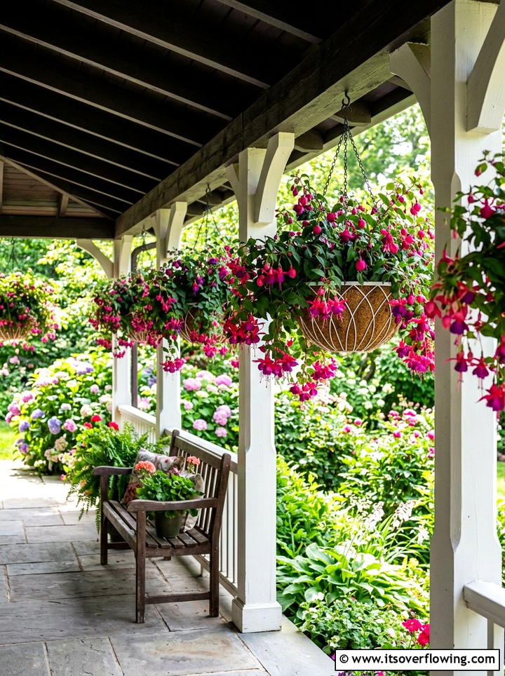 Fuchsia Hanging Baskets - 25 front porch decor ideas with bright colors