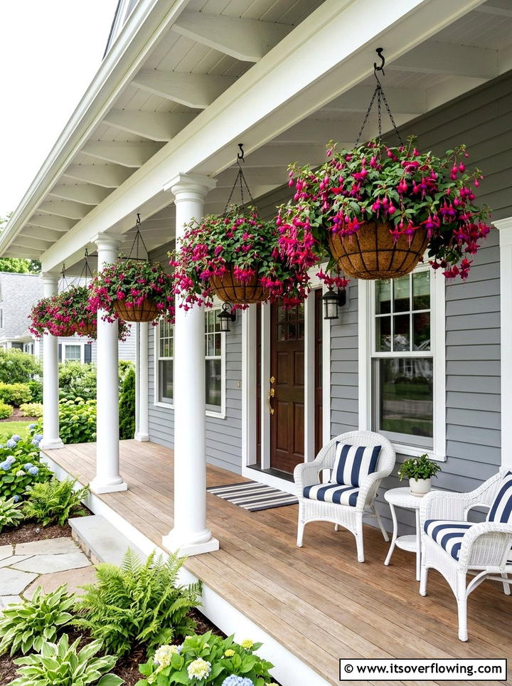 Fuchsia hanging baskets - 25 front porch ideas with pops of color