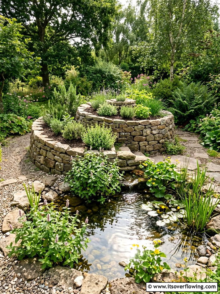Functional herb spiral with pond - 25 garden ideas with herb spirals