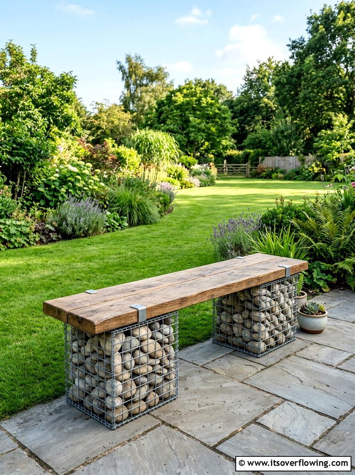 Gabion Garden Bench - 25 recycled garden ideas with pebbles