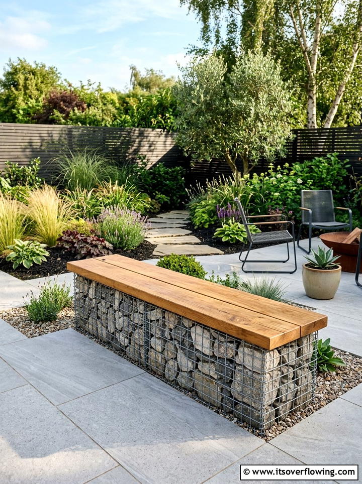 Gabion garden bench - 25 upcycled garden ideas with stones