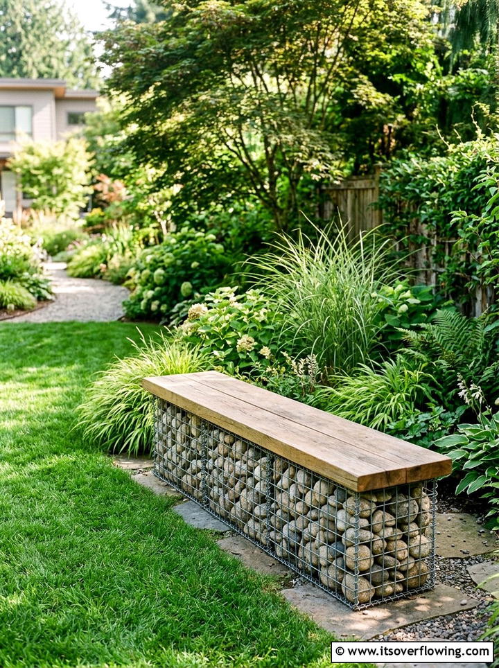 Gabion garden bench - 25 backyard ideas with stone seating