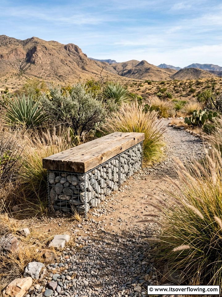 Gabion stone bench with timber top - 25 backyard ideas with benches