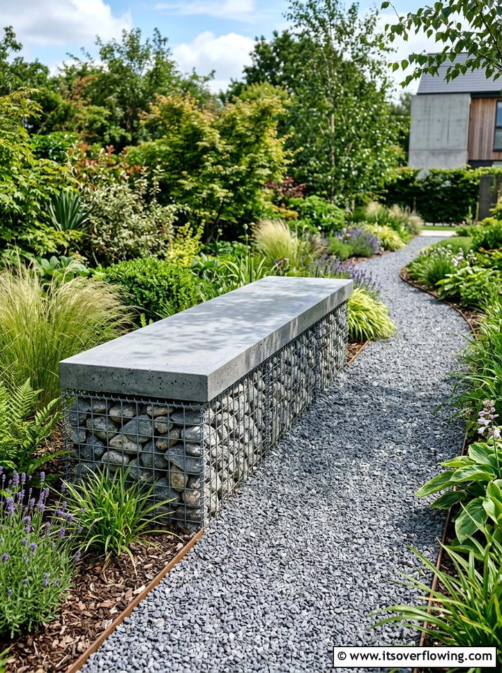 Gabion wall concrete bench - 25 backyard ideas with concrete bench