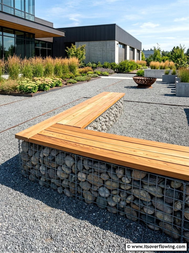 Gabion wall seating - 25 backyard ideas with rocks