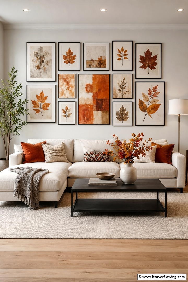 Gallery Wall With Autumn Art - 50 Living Room Fall Decor Ideas for Cozy Autumn Updates