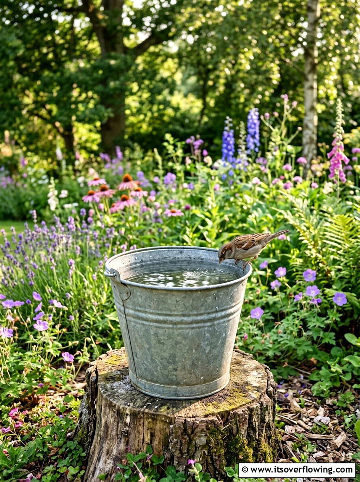 Galvanized Bucket Bird Bath - 25 recycled garden ideas with buckets