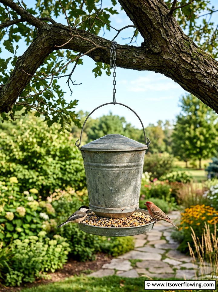 Galvanized Bucket Bird Feeder - 25 upcycled garden ideas with bird feeders