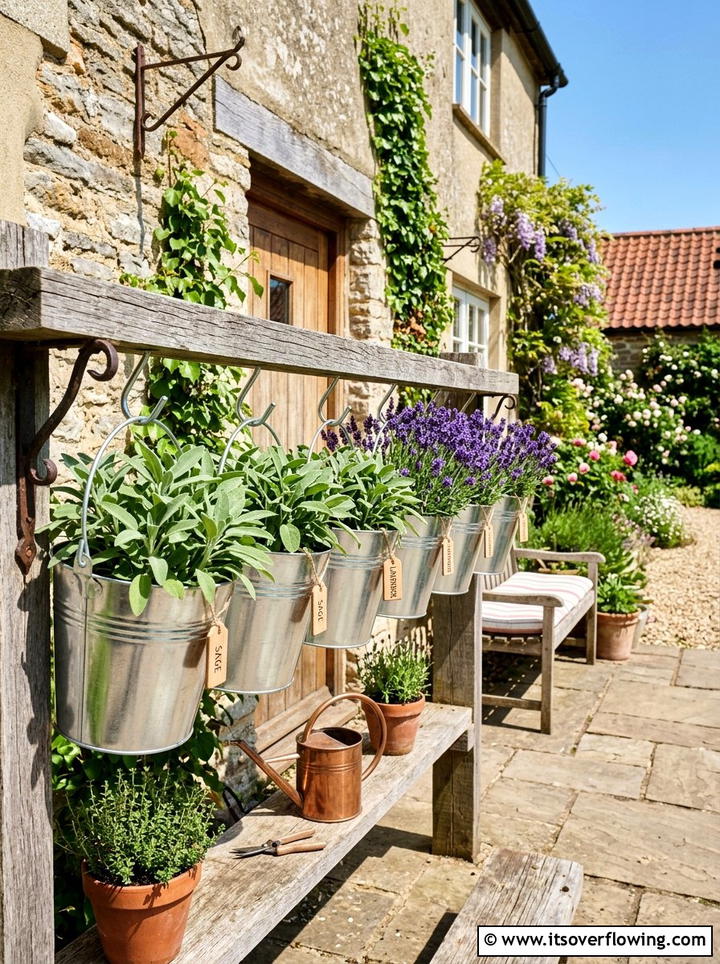 Galvanized Bucket Herb Display - 25 backyard decorating ideas with herb stations