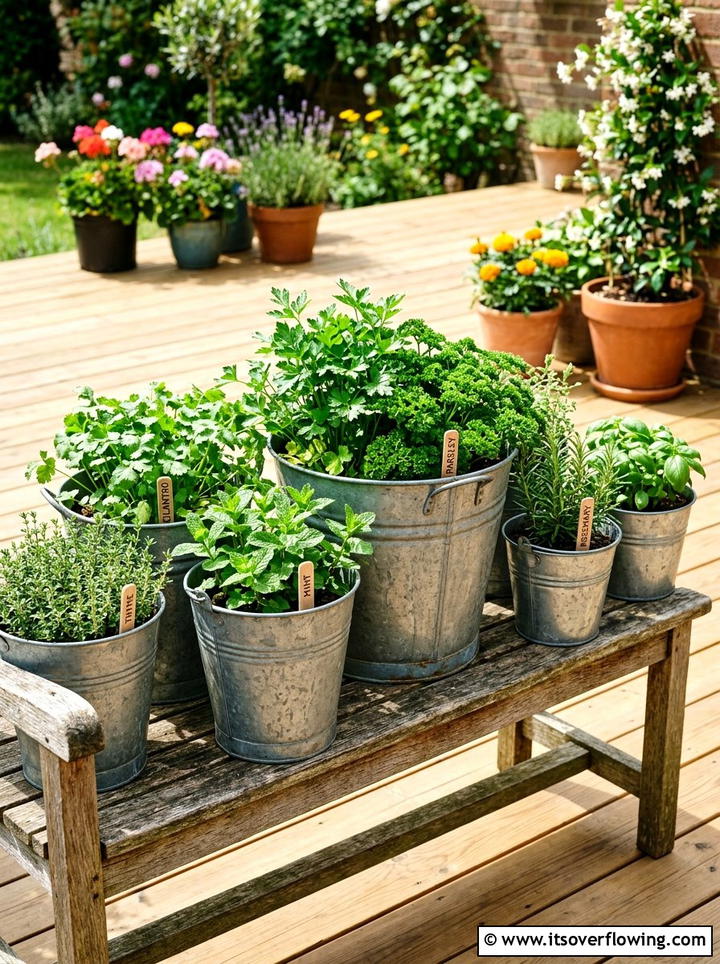 Galvanized Bucket Planter - 25 upcycled garden ideas with herb planters