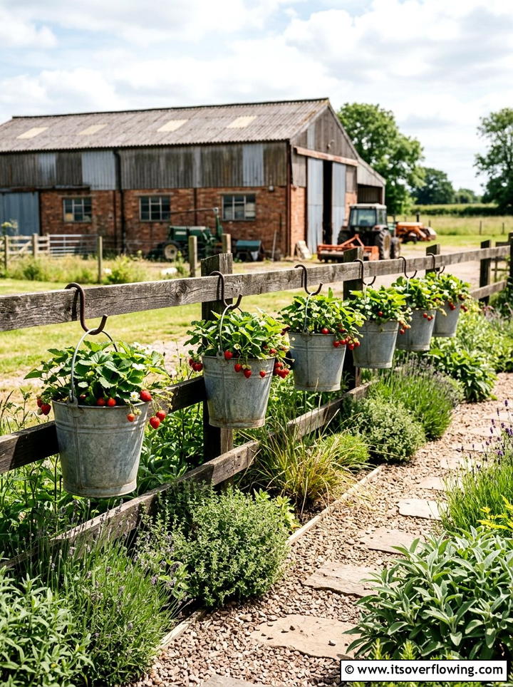 Galvanized Bucket Planters - 25 garden ideas with fence decor