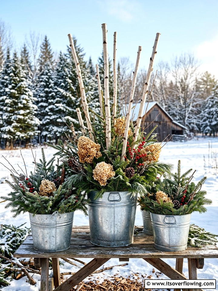 Galvanized Bucket Winter Greenery - 25 front porch ideas with winter decor