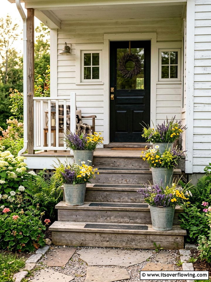 Galvanized Buckets On Steps - 25 front porch ideas with planters