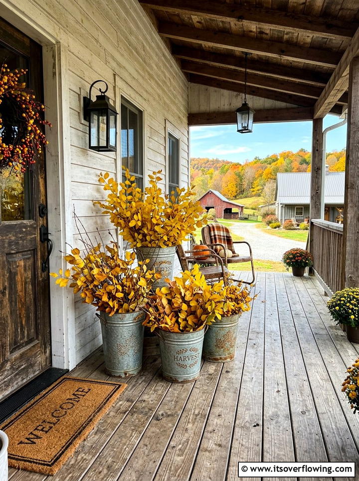 Galvanized Buckets With Fall Foliage - 25 front porch ideas with fall decor