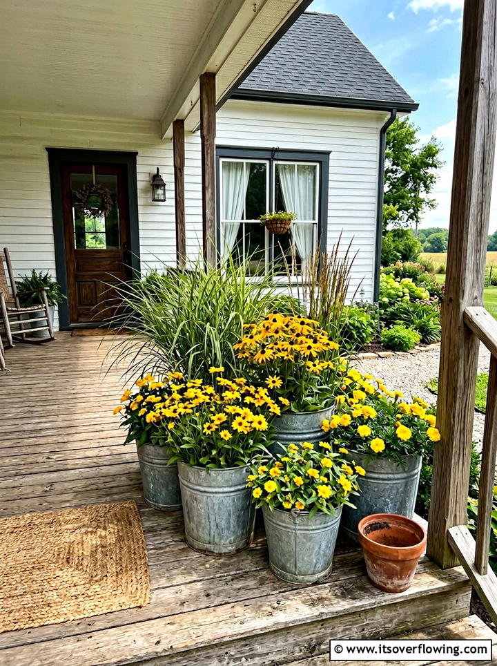 Galvanized Metal Bucket Planters - 25 front porch decor ideas with asymmetrical layout