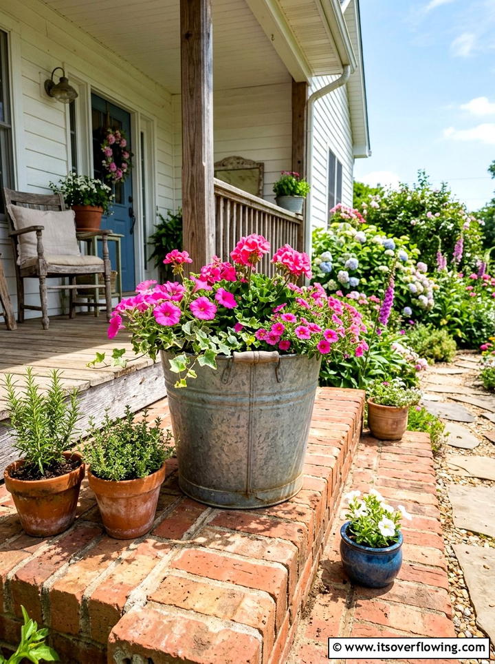 Galvanized Metal Bucket - 25 front porch decor ideas with farmhouse charm