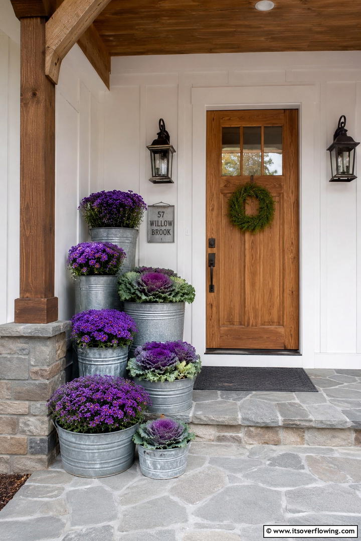 Galvanized Metal Container Florals - 50 Fall Front Door Decor Ideas Roundup- Curb Appeal