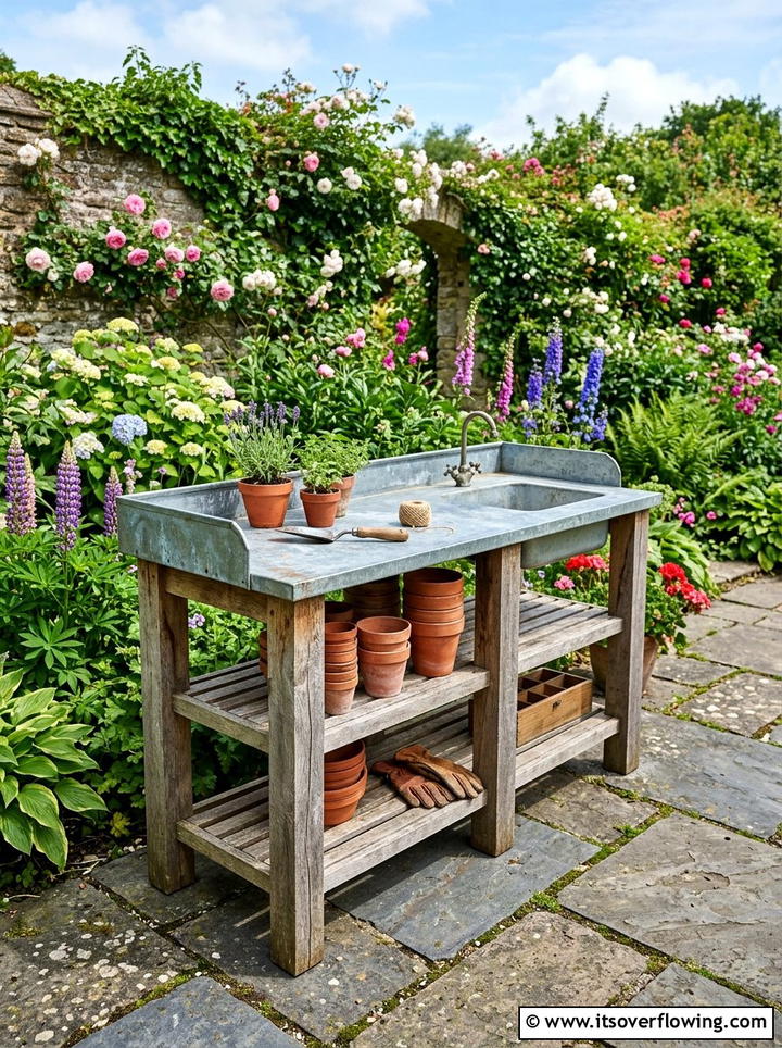 Galvanized Potting Bench - 25 upcycled garden ideas with potting benches