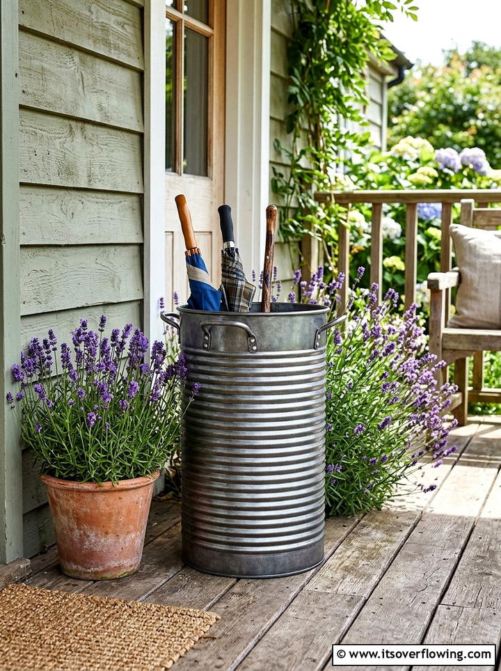 Galvanized Steel Umbrella Pail - 25 front porch ideas with umbrella stand