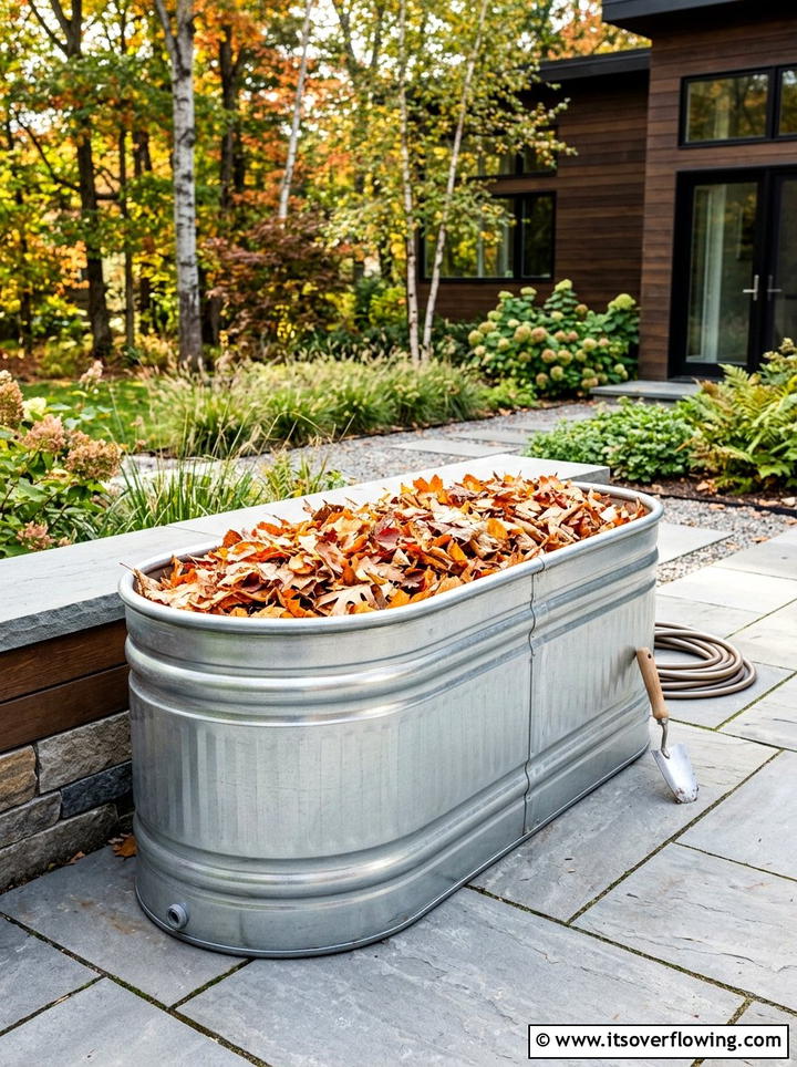 Galvanized Trough Leaf Storage - 25 recycled garden ideas with leaf mold bins