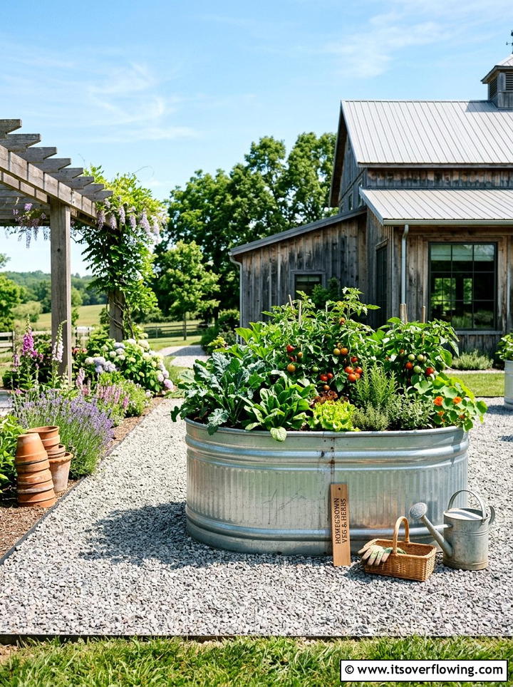 Galvanized Water Trough - 25 garden decor ideas with farmhouse accents