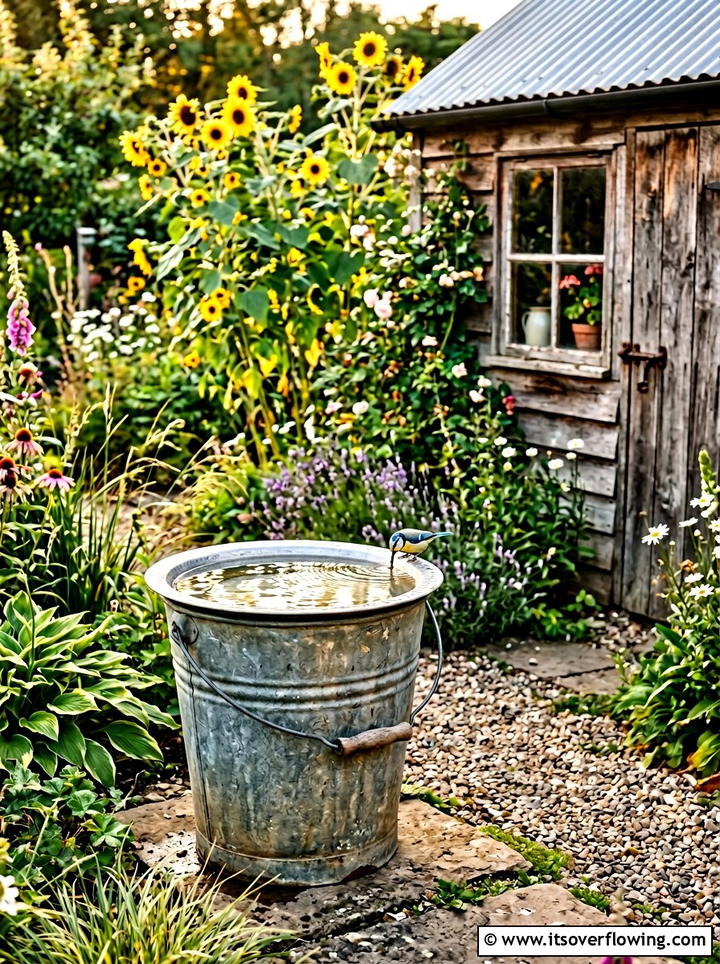 Galvanized bucket bird bath - 25 upcycled garden ideas with bird baths