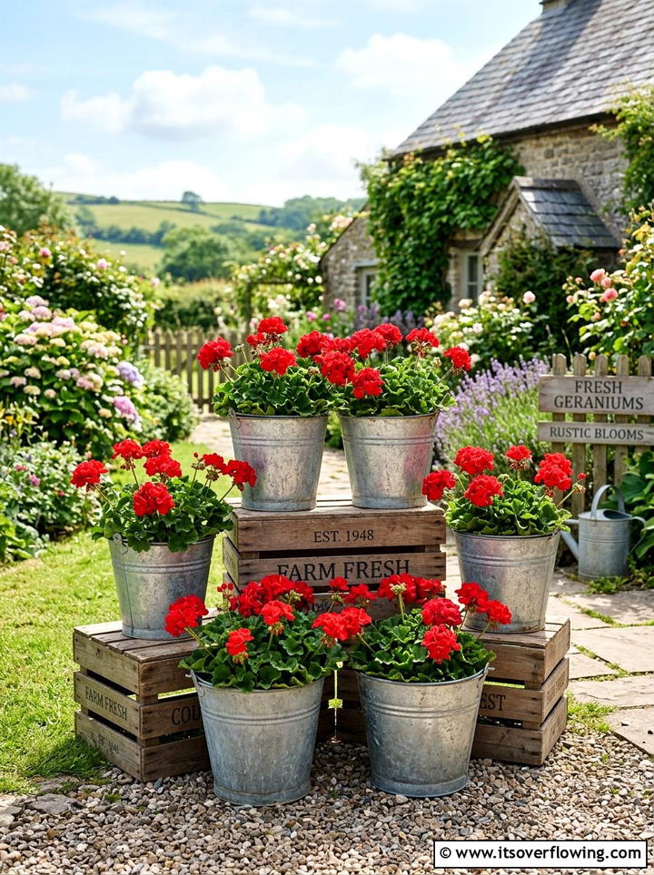 Galvanized bucket display - 25 backyard decorating ideas with garden art