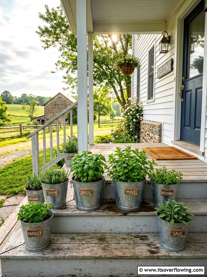 Galvanized bucket herb display - 25 front porch ideas with herb planters