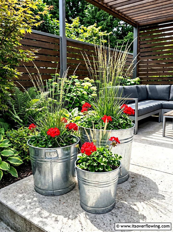 Galvanized bucket planter - 25 cheap garden ideas with thrifted decor