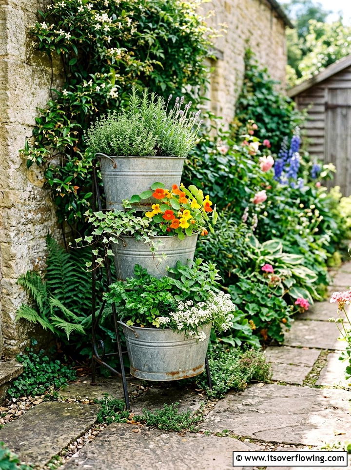Galvanized bucket tiered planter - 25 upcycled garden ideas for narrow spaces