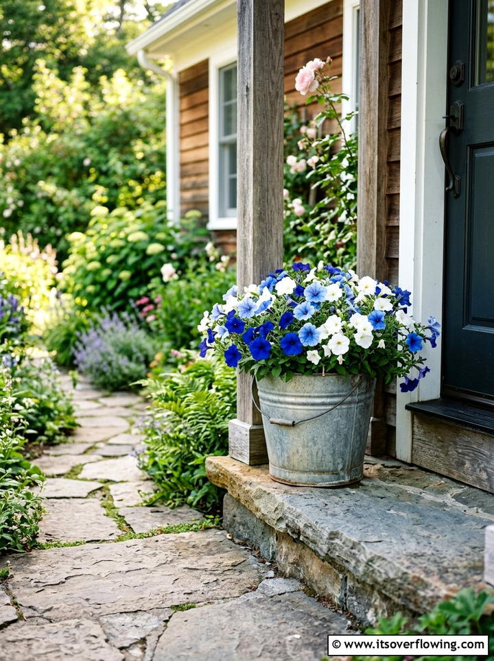 Galvanized bucket with summer flowers - 25 front porch ideas with patriotic decor