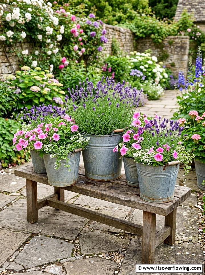 Galvanized metal bucket planter - 25 garden decor ideas with rustic accents