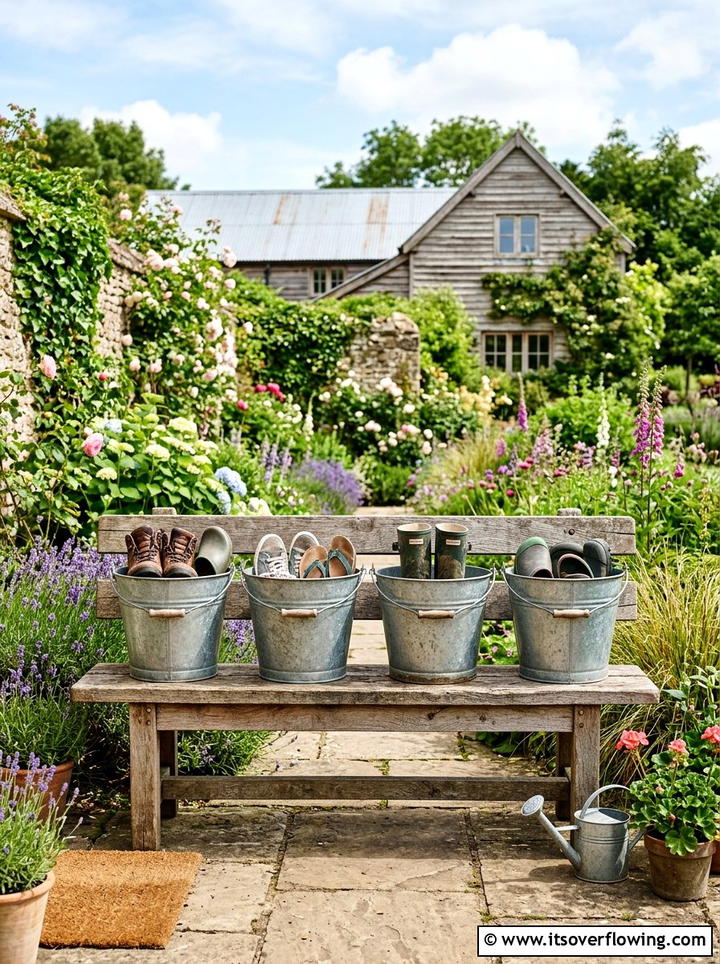 Galvanized metal bucket shoe storage - 25 front porch ideas with shoe storage