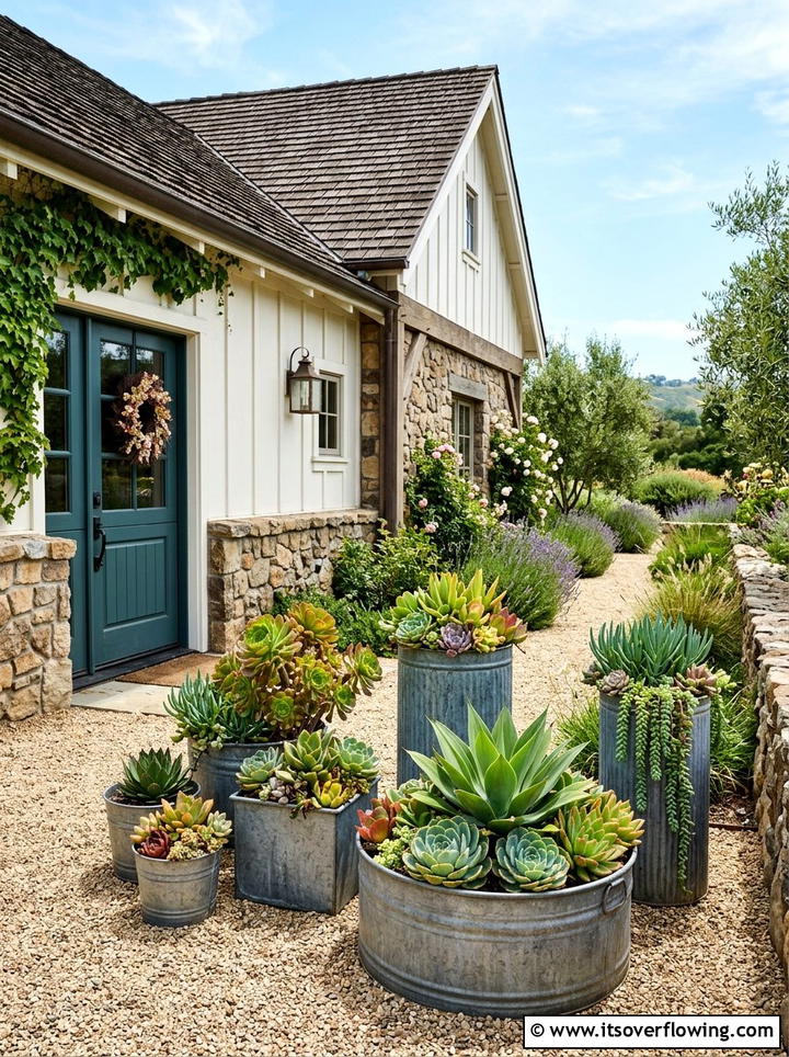 Galvanized metal planters - 25 backyard decorating ideas with succulent pots